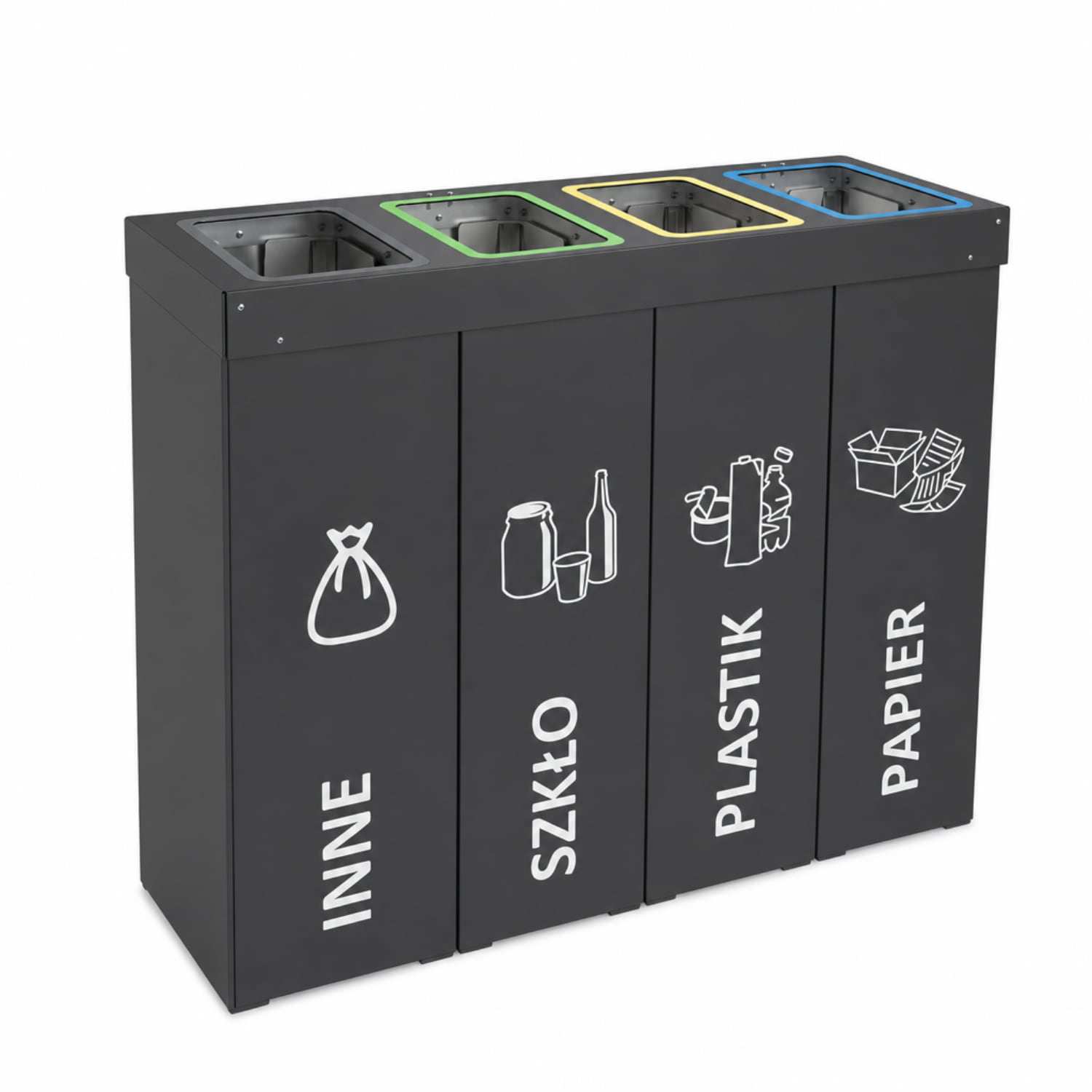 Antracytowy kosz do segregacji DENEB 4 &times; 50 L na odpady zmieszane, szkło, plastik i papier.